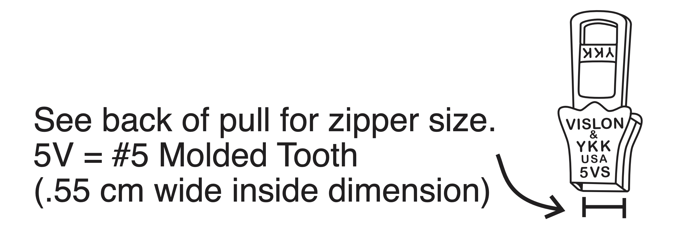 illustration showing the back of a zipper: see back of pull for zipper size. 5V=#5 Molded Tooth (.55cm wide inside dimension).