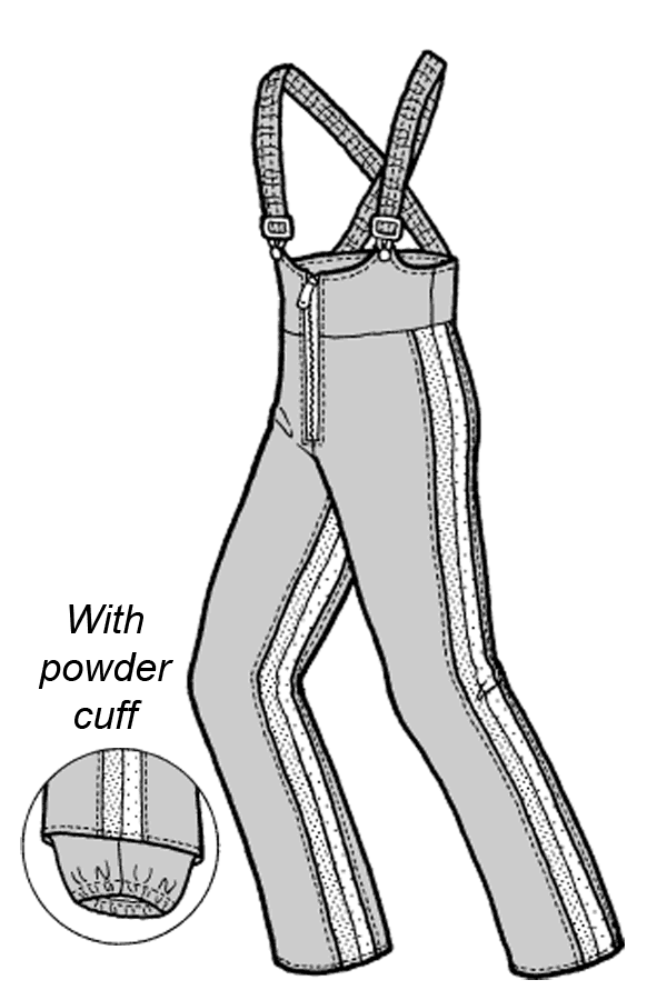 pen and ink drawing of a ski bib with insert for close up on powder cuff