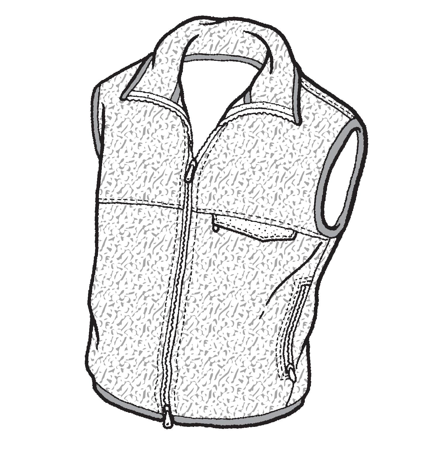Line drawing of a fleece vest with a zipper and pocket on a white background