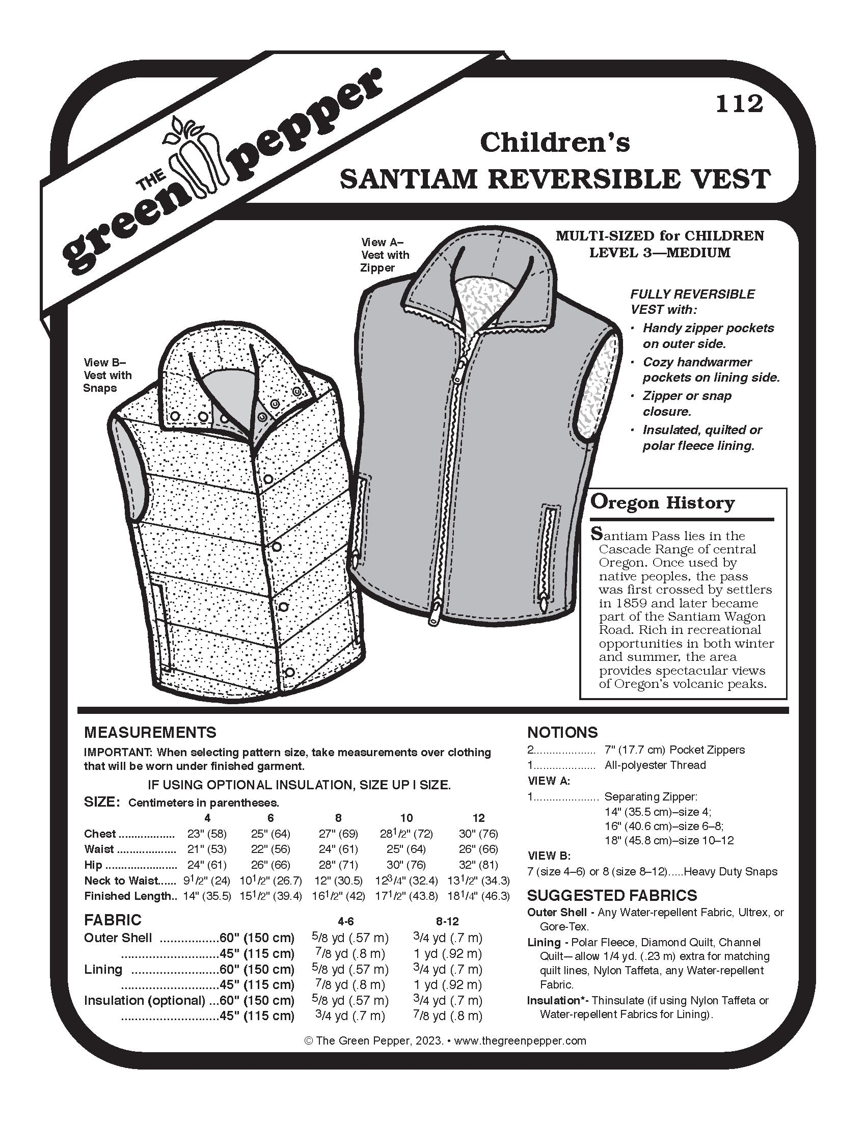 Pattern envelope for children's Santiam reversible vest with illustrations and text.