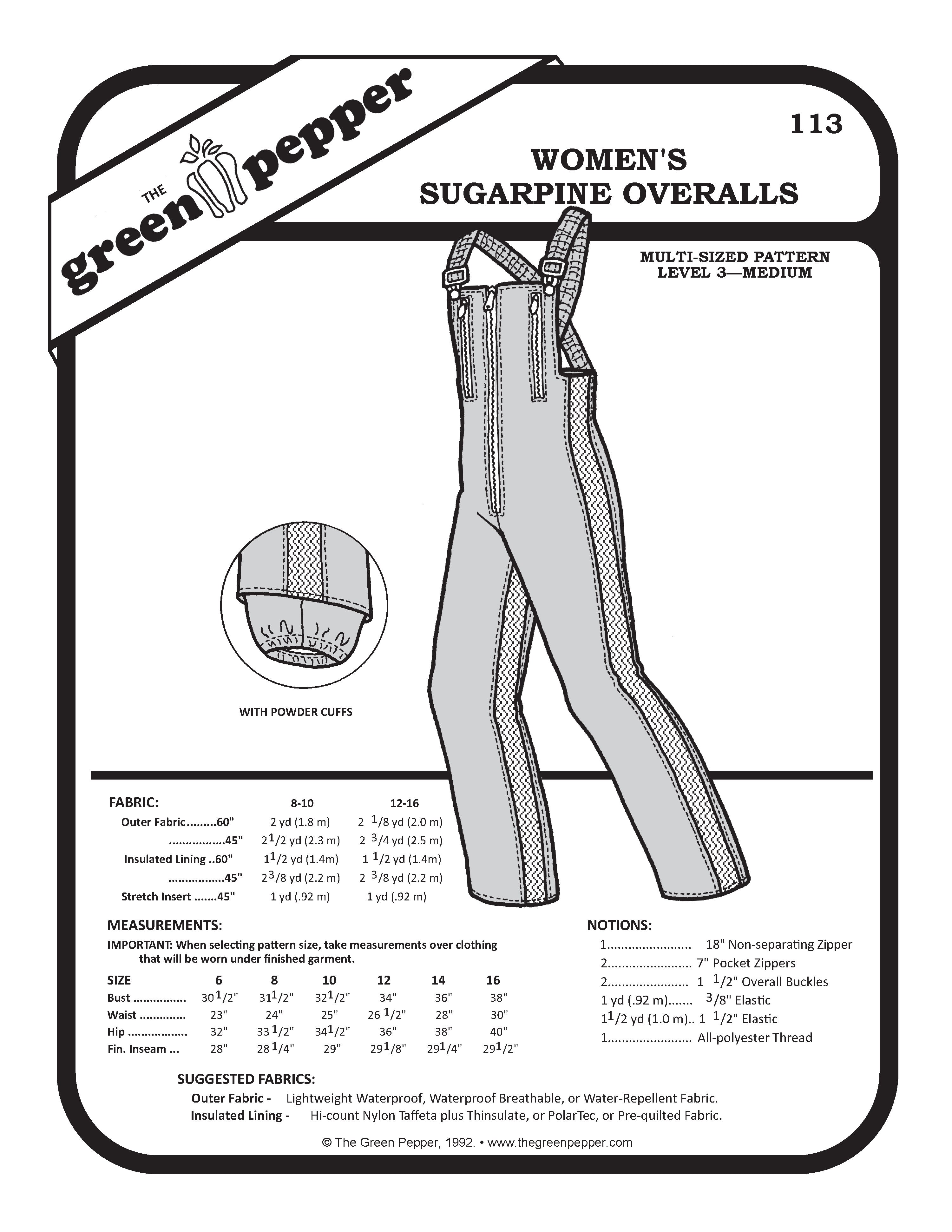 Pattern envelope for women's sugarpine overalls with black and white illustration and text.