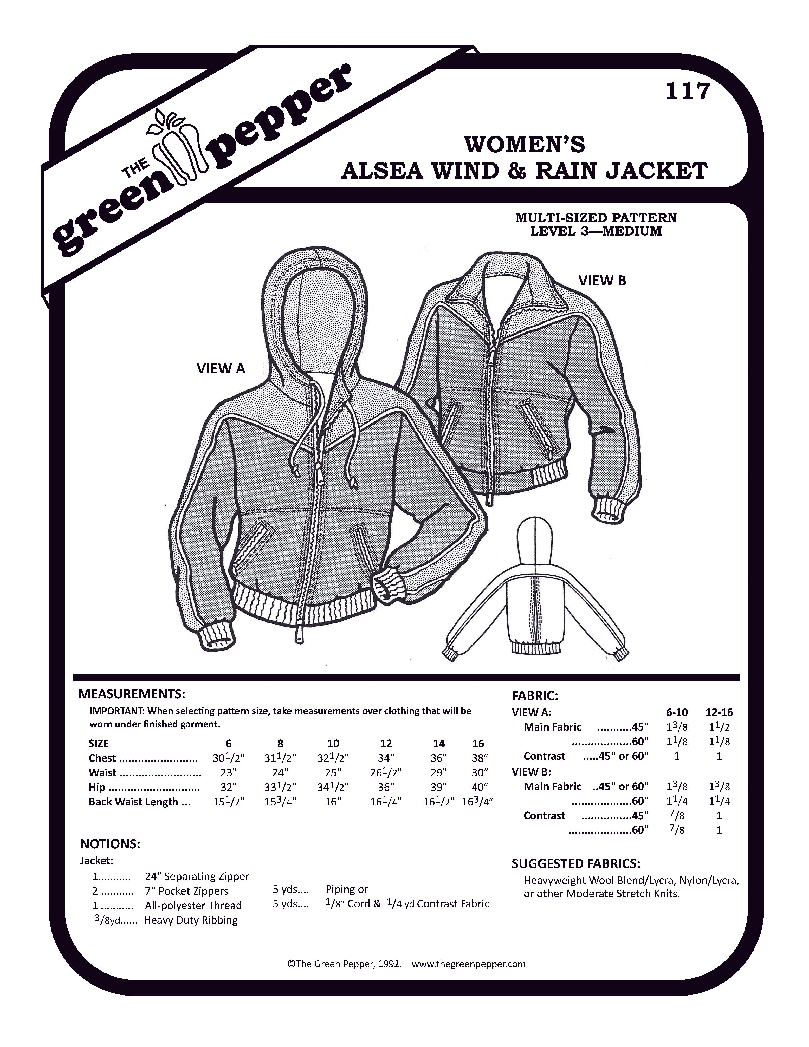 Pattern envelope for women's Alsea wind & rain jacket with black and white illustrations and text.