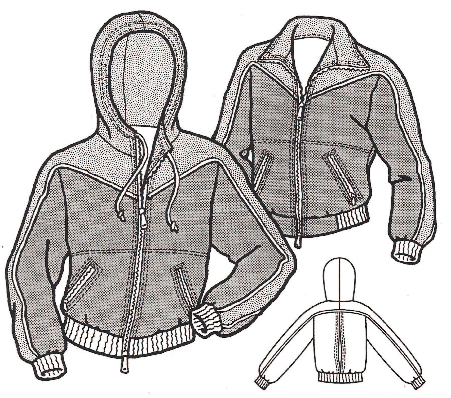 Black and white line drawing of a jacket with a hood and zippers