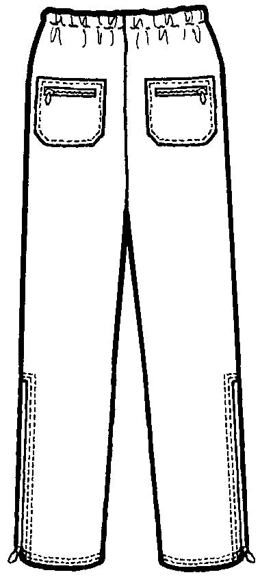 pen and ink drawing of all-weather pants, back view with two back pockets.