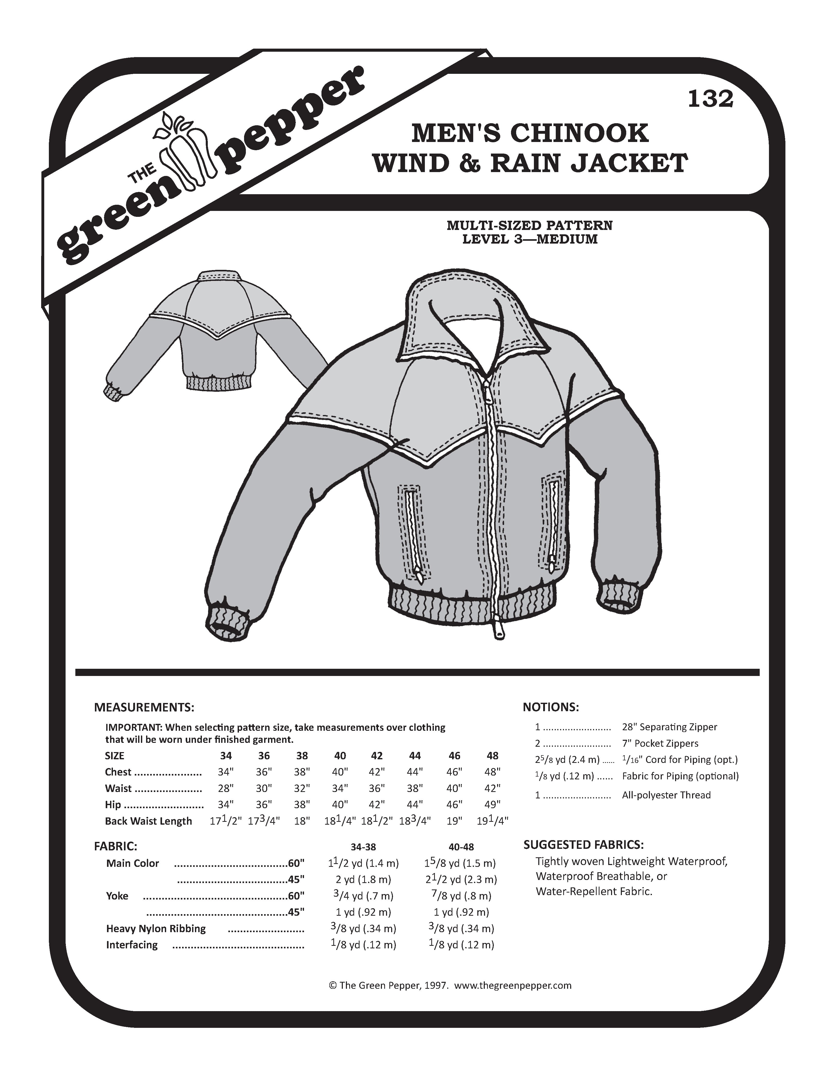 Pattern sheet for Men's Chinook Wind & Rain Jacket by The Green Pepper on a white background