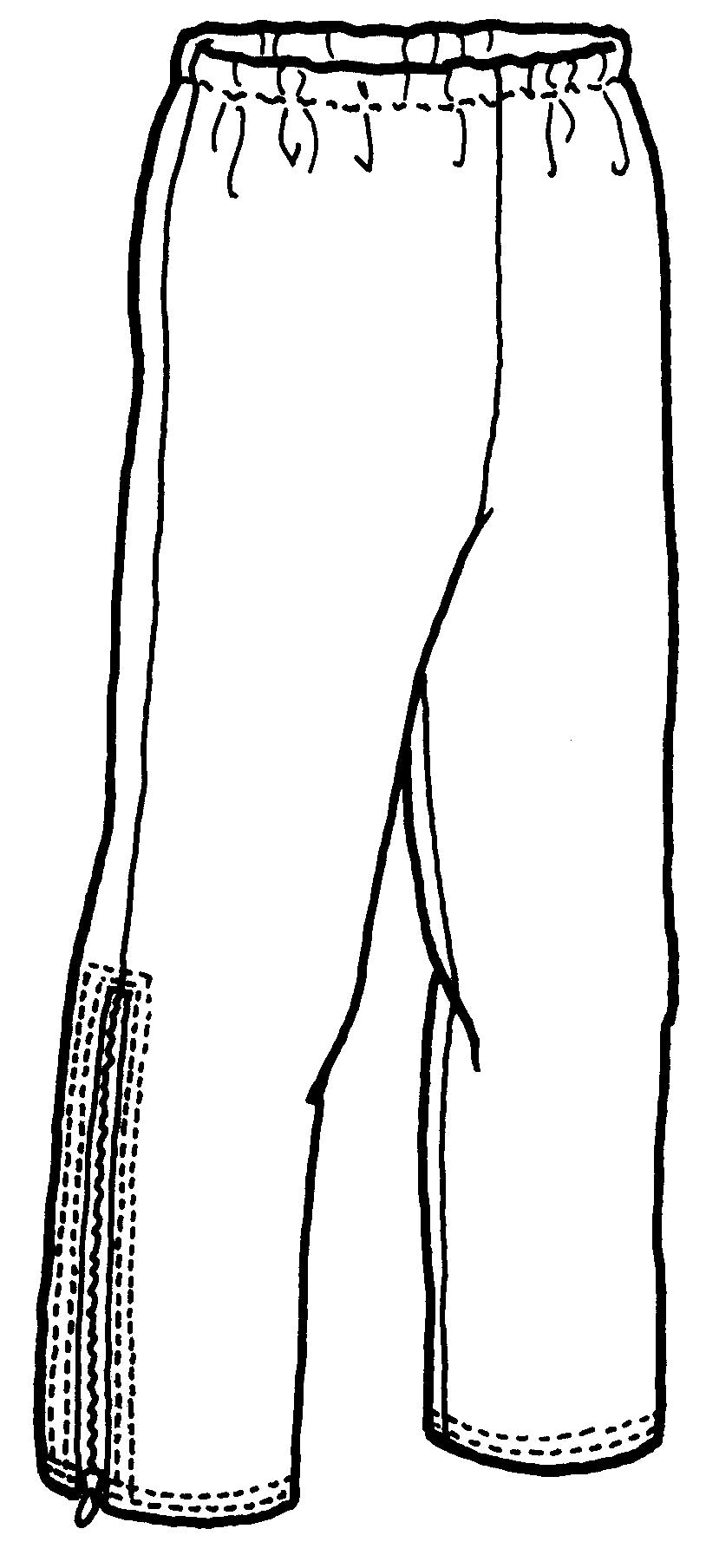 pen and ink drawing of front of pants with zippers at cuffs.