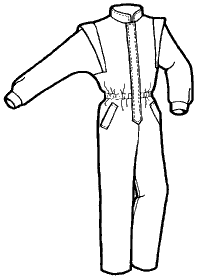 pen and ink drawing of a womens' jumpsuit with shoulder flange
