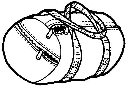pen and ink drawing of a round cargo bag.
