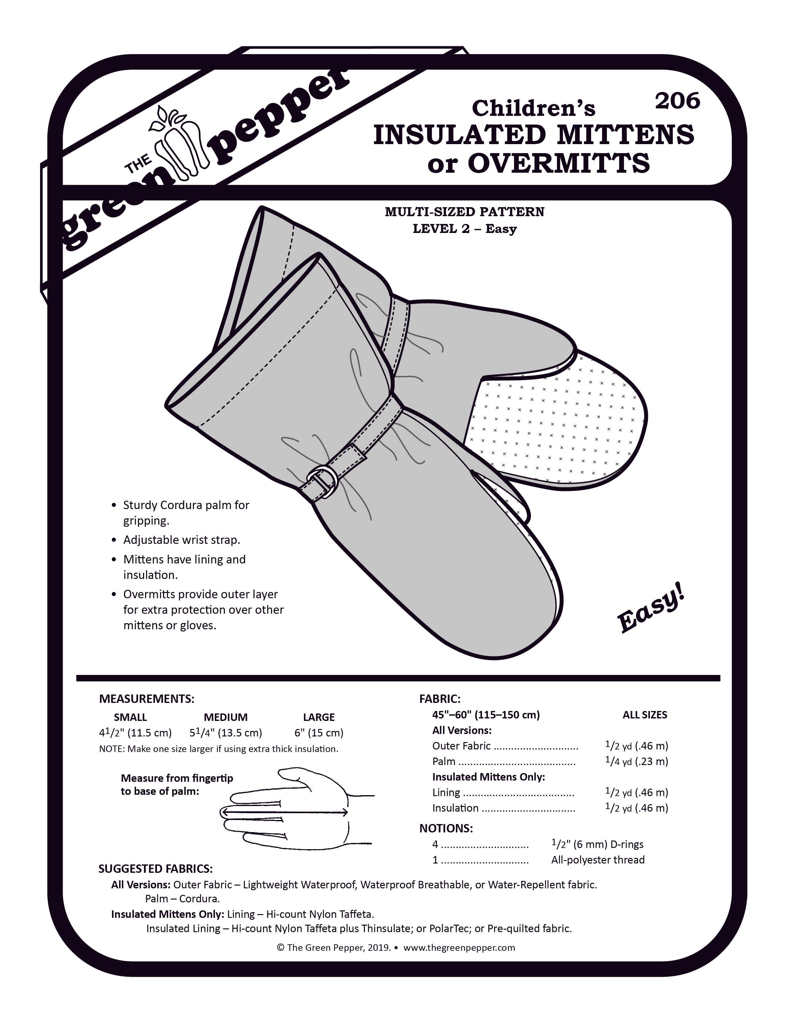 Pattern cover for children's insulated mittens with text and measurements.