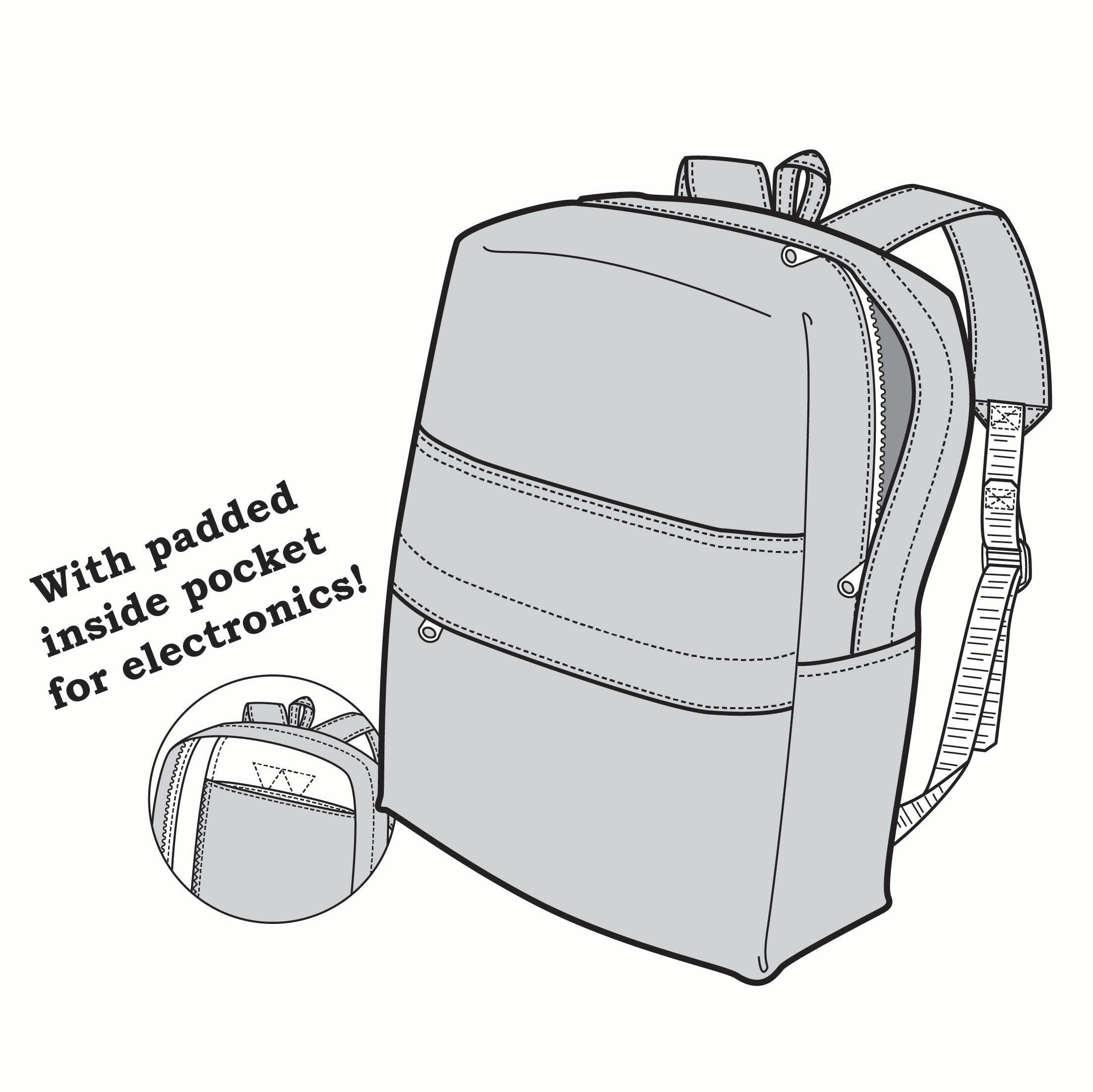 pen and ink drawing of a book bag with a set out of the inside pocket.