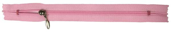 Pink zipper with a metal pull on a white background