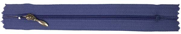 Navy blue zipper with a metal pull on a white background