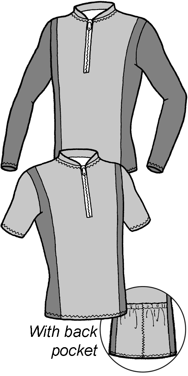 pen and ink drawing of two bicycle racing jerseys - one with long and one with short sleeves.