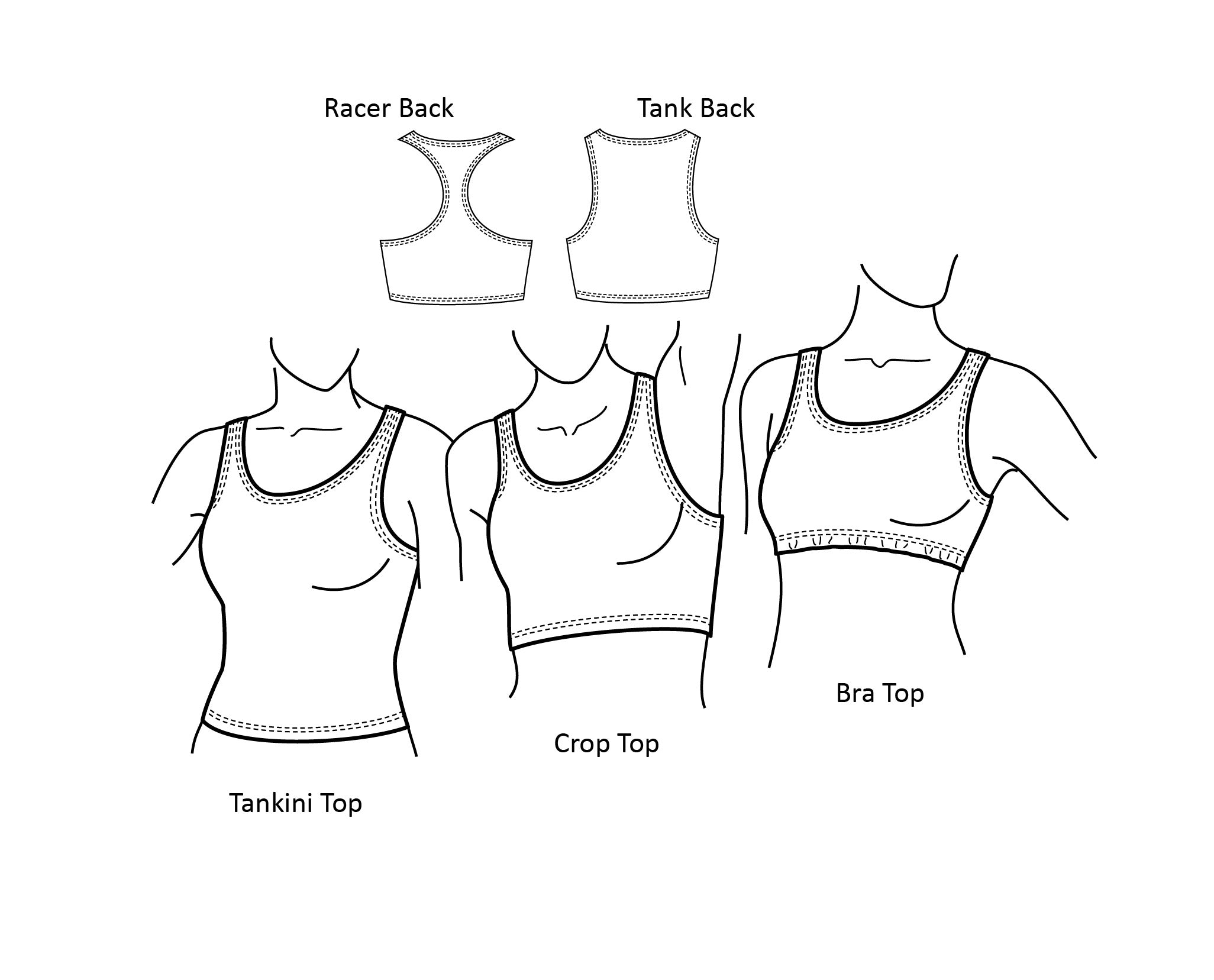 Line drawings of the three hot tops, tankini, crop, and bra.  With racer back and tank back options shown.