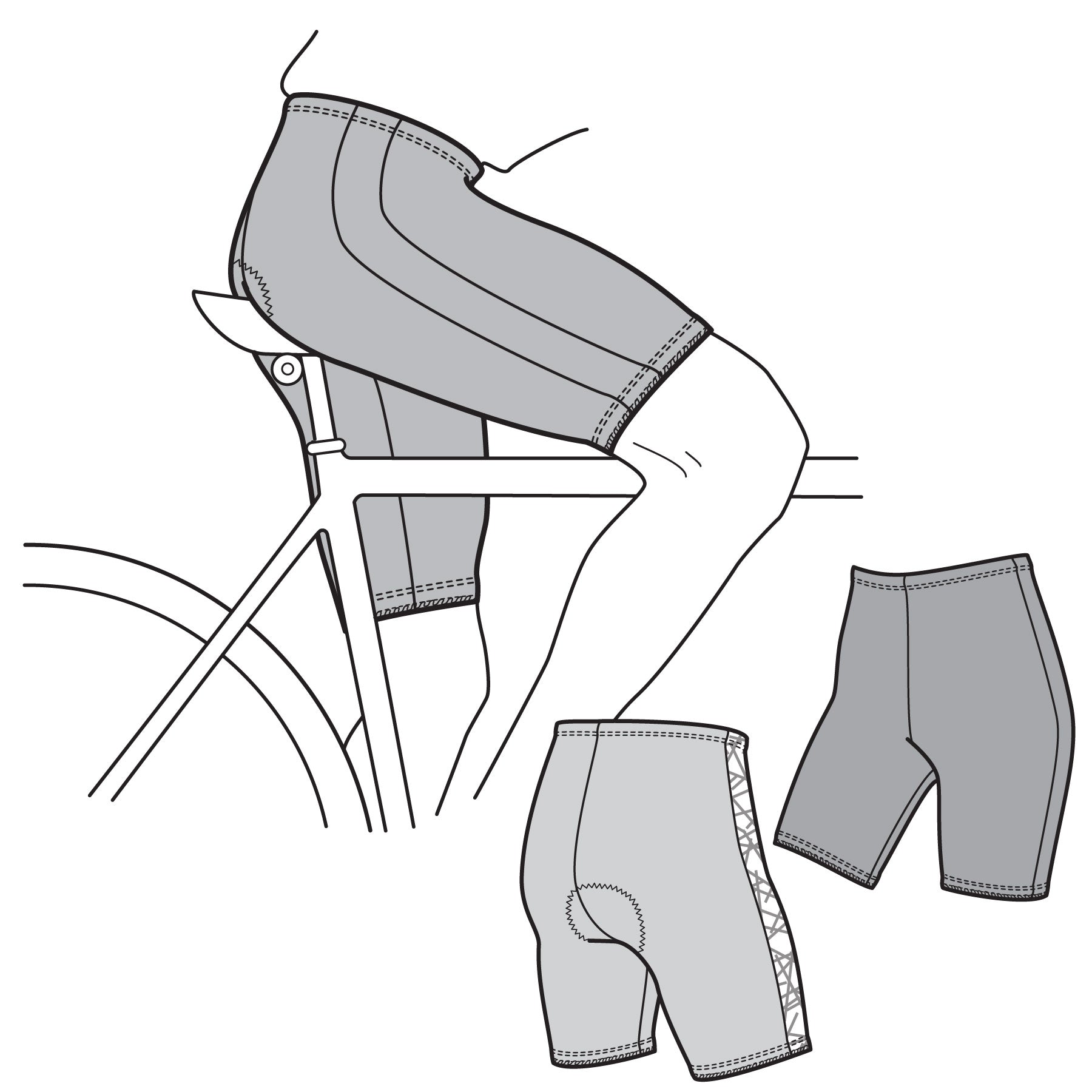 Illustration of cycling shorts with a focus on design details.