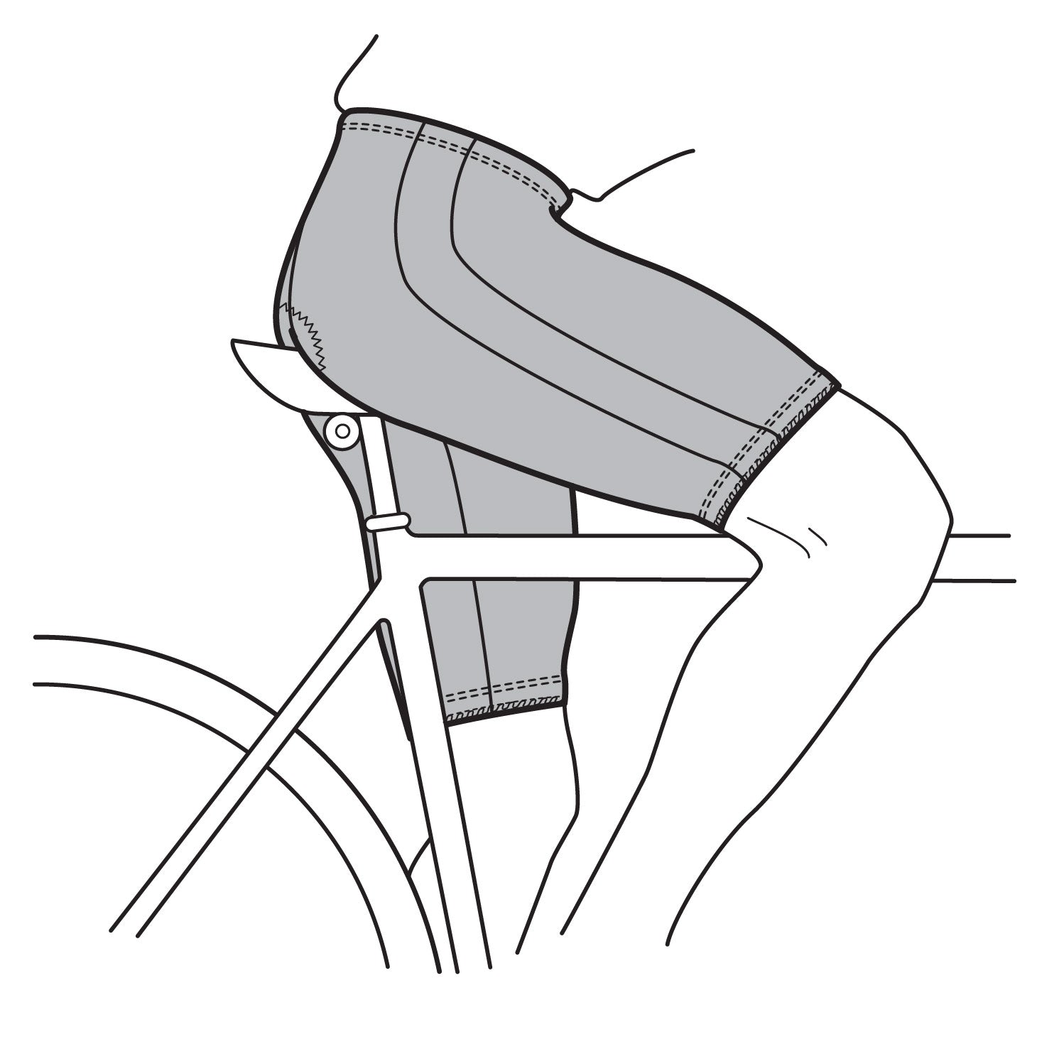 Illustration of a bicycle with rider wearing bike shorts.