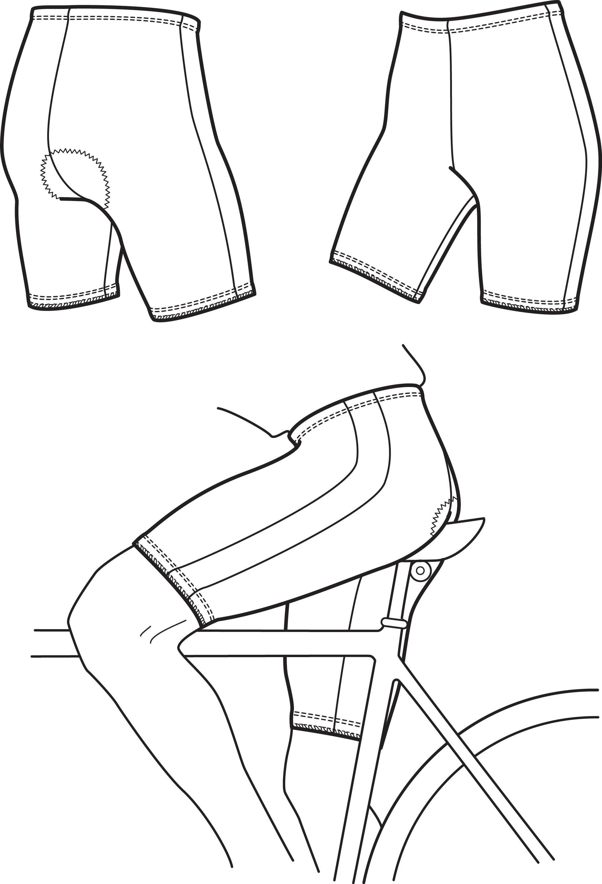 line drawings of front, back, and on a bike of biking shorts.