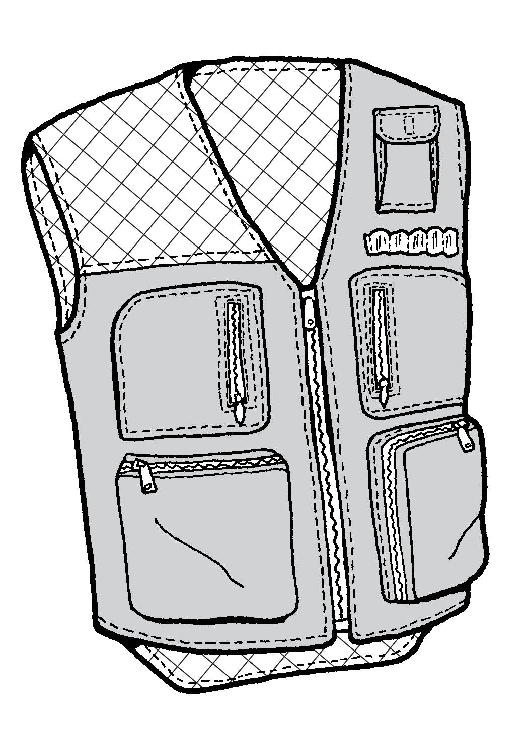 Line drawing of a hunters vest with multiple pockets and a mesh pattern on the back.