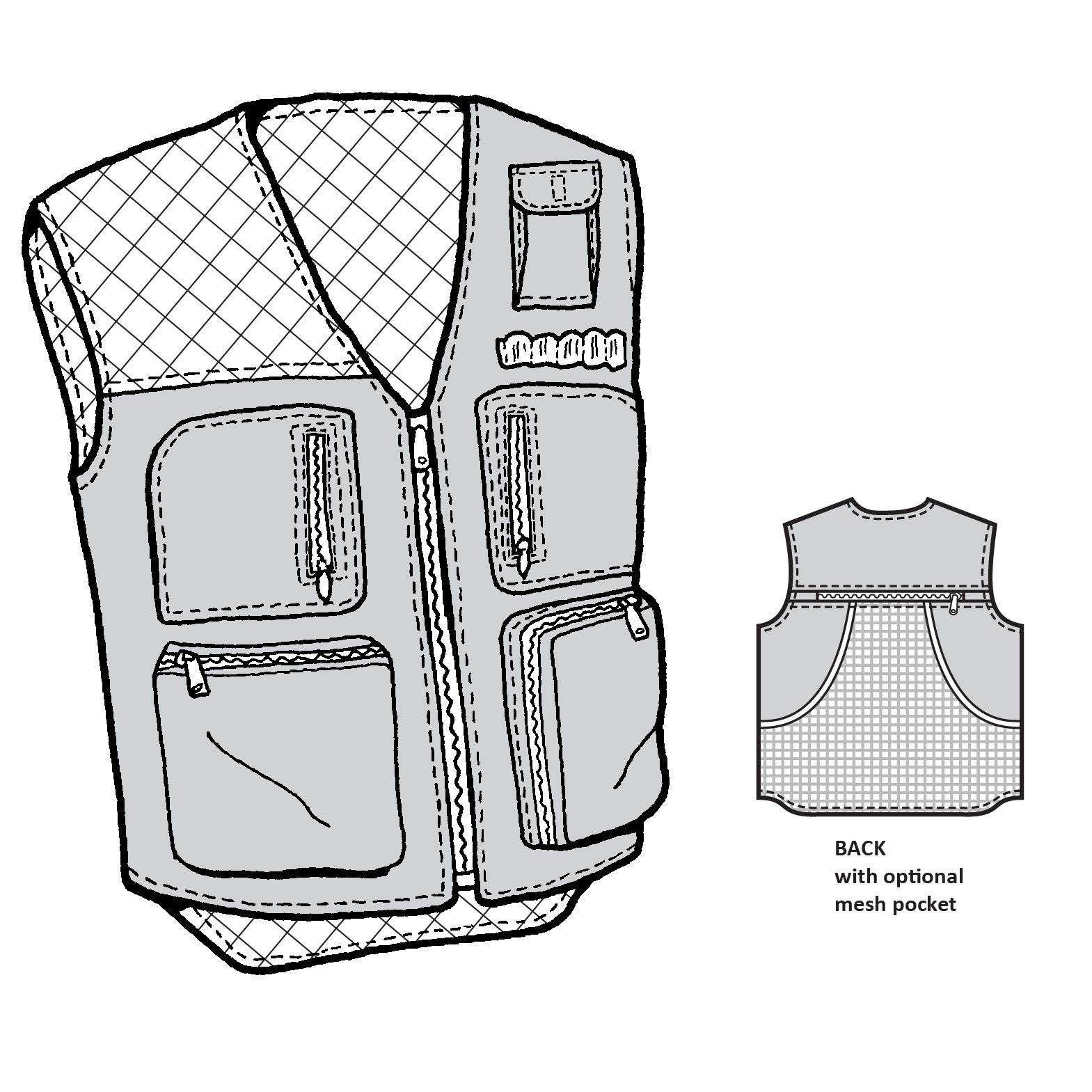 Line drawing of a hunters vest with multiple pockets and a mesh pattern on the back. With the back view shown with mesh pocket