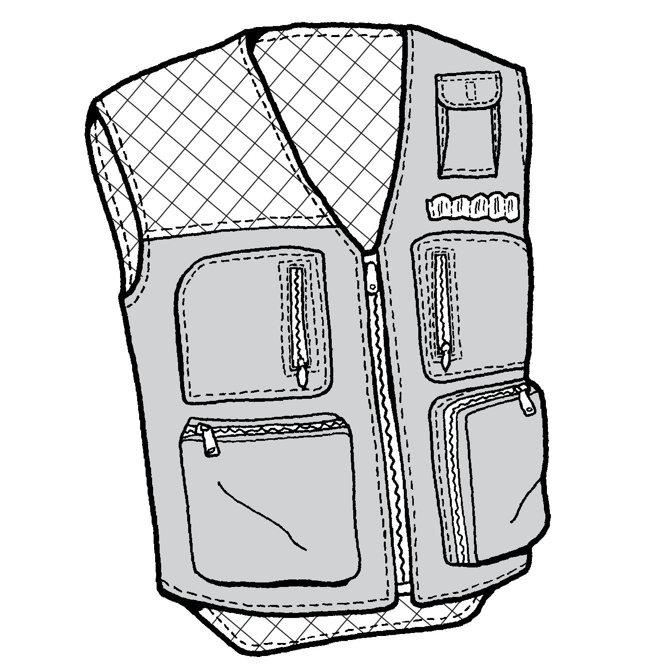 Line drawing of a hunters vest with multiple pockets and a mesh pattern on the back.