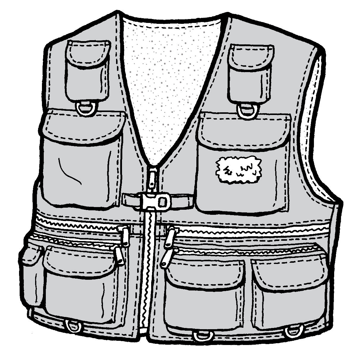 black and white drawing of a fishing vest