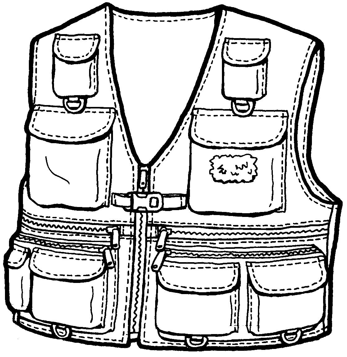 black and white drawing of a fishing vest