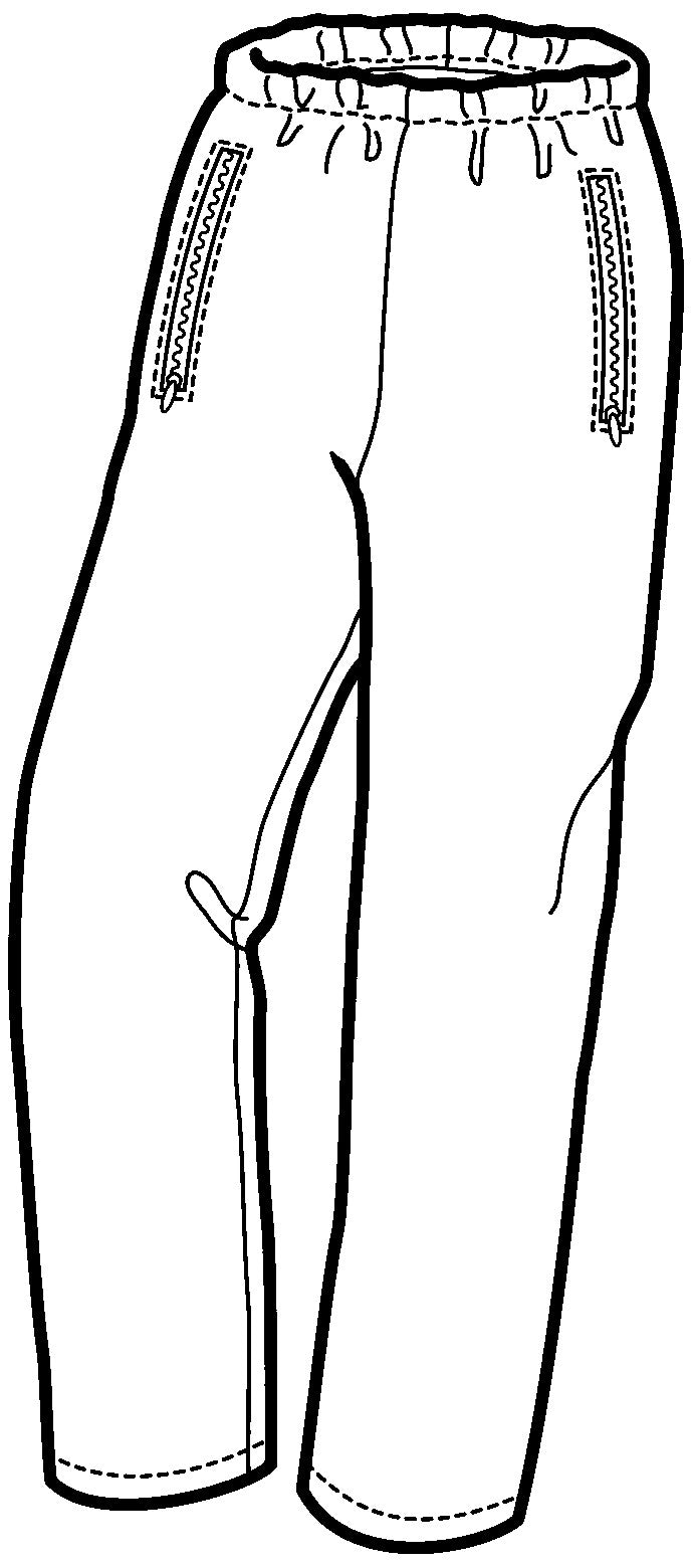drawing of elastic waist pants with zippered front pockets.