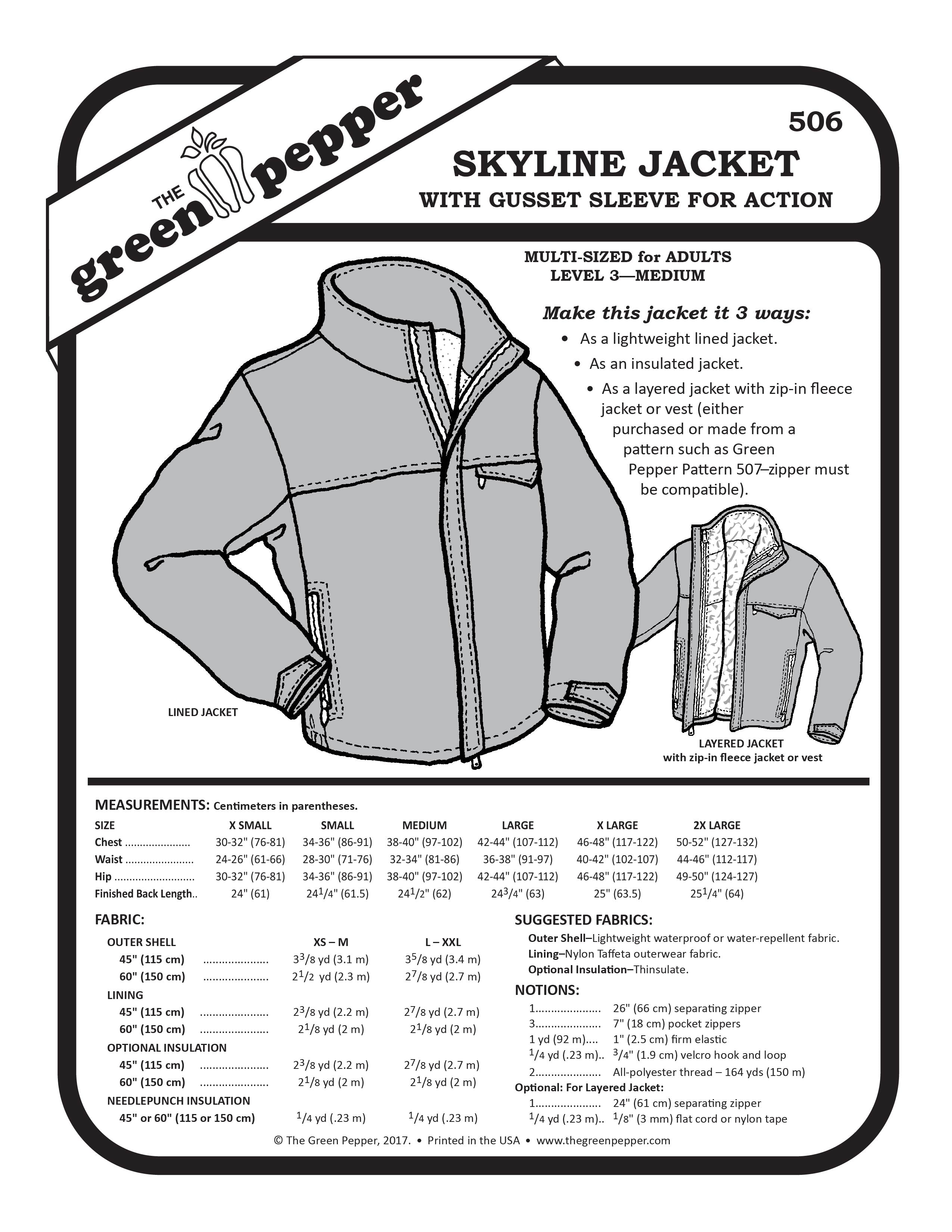Skyline jacket pattern cover with measurements and fabric suggestions on a white background