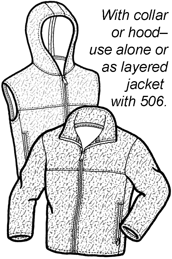 Pen and ink drawing of a hooded vest and a jacket made of fleece.