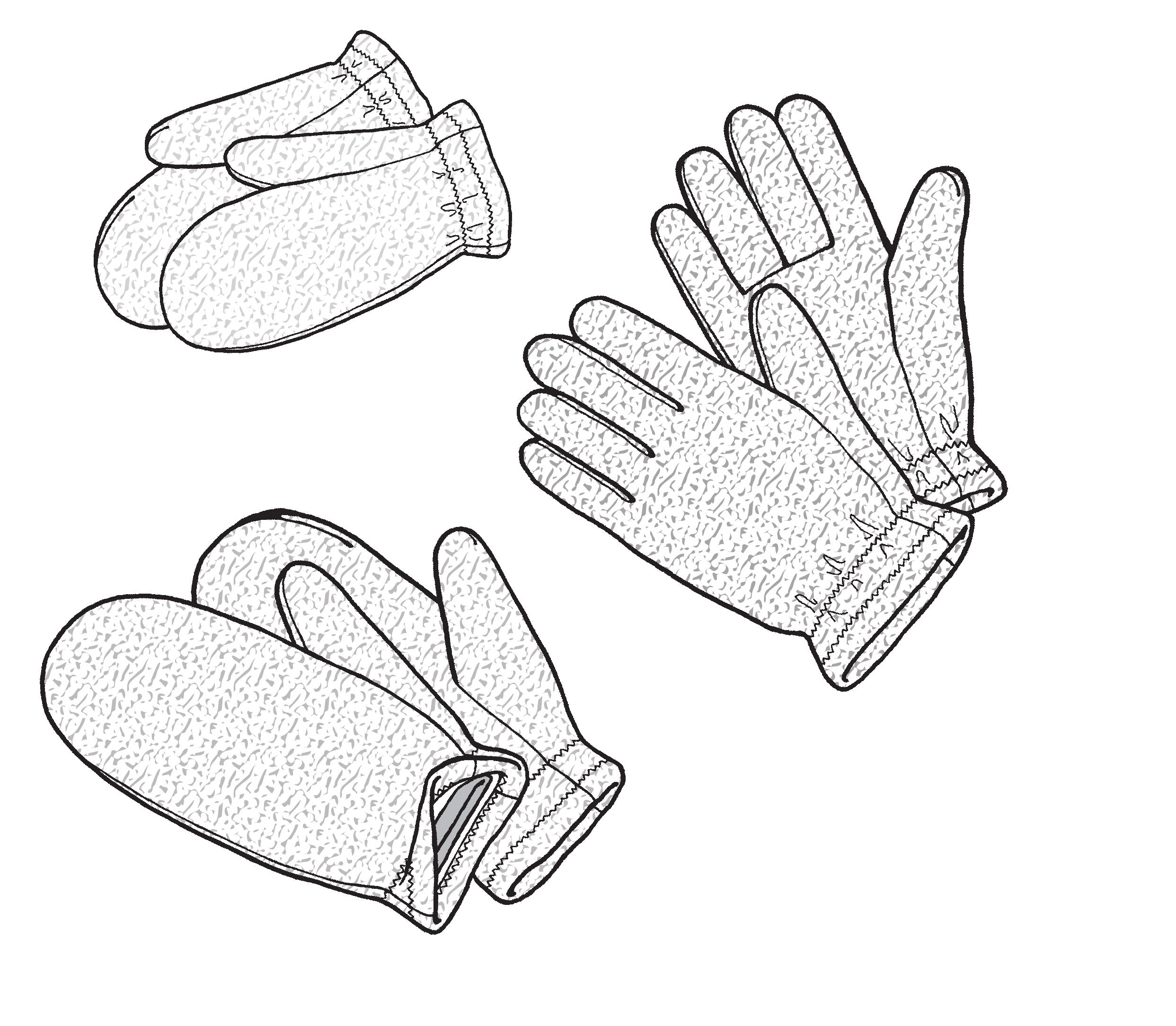 drawing of two pair mittens and a pair of gloves