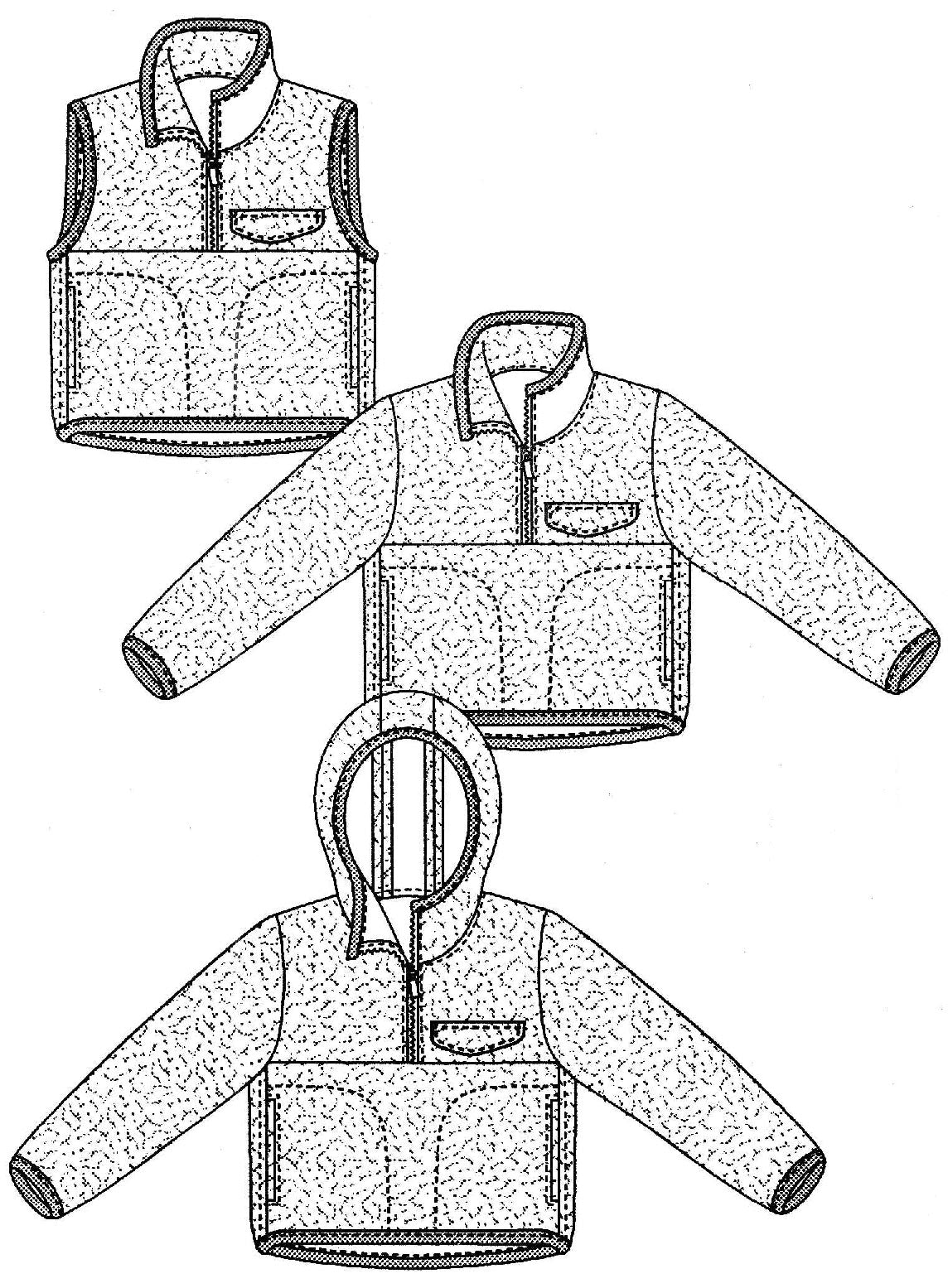 Technical drawing of a jacket, vest, and hoodies with a textured pattern.