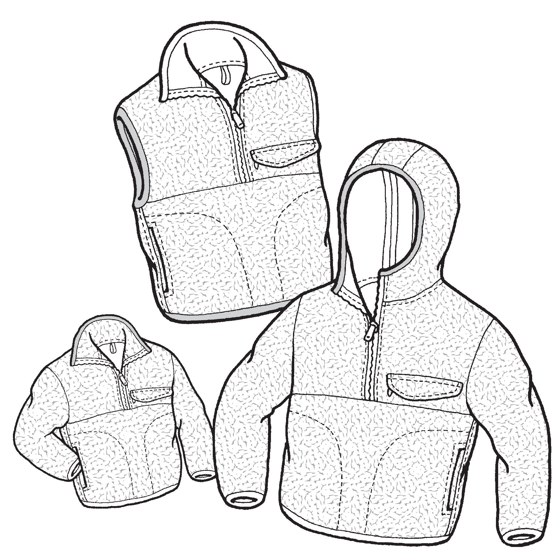 Line drawing of a fleece jacket and vest on a white background