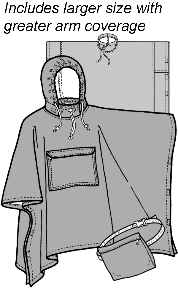 pen and ink drawing of a rain poncho with the hood up and one without a hood in the background with  a belted pocket in foreground.