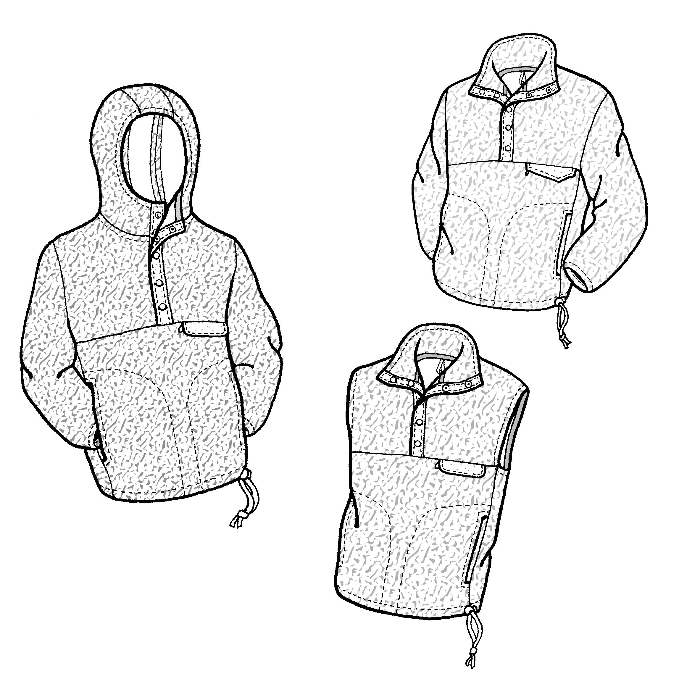 Pen and ink drawing of a polar pullover and a vest.