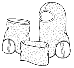 pen and ink drawing of two fleece neckwarmers and a balaclava.