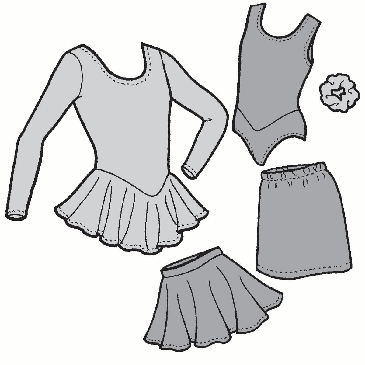 line drawings in grey of a leotard, scrunchi, long sleeve leotard with skirt, and two skirts.