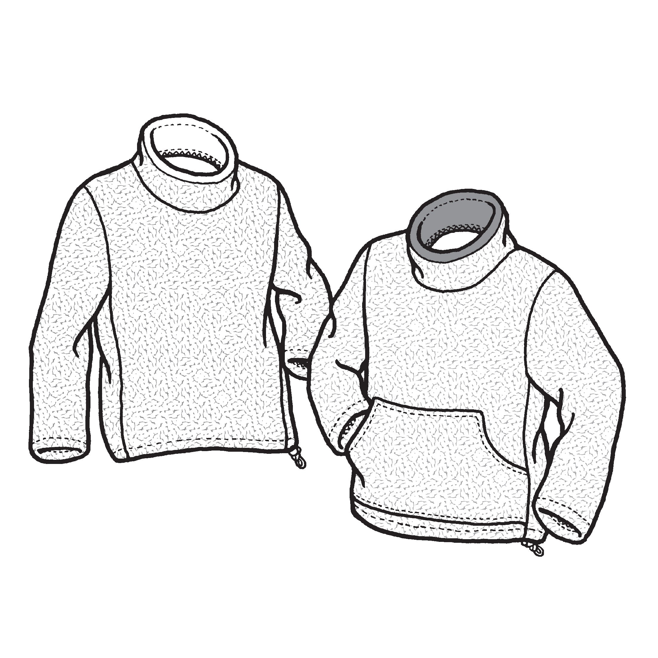 Pen and ink drawing of two polar sweaters with mock turtle necks.  One has a front pocket