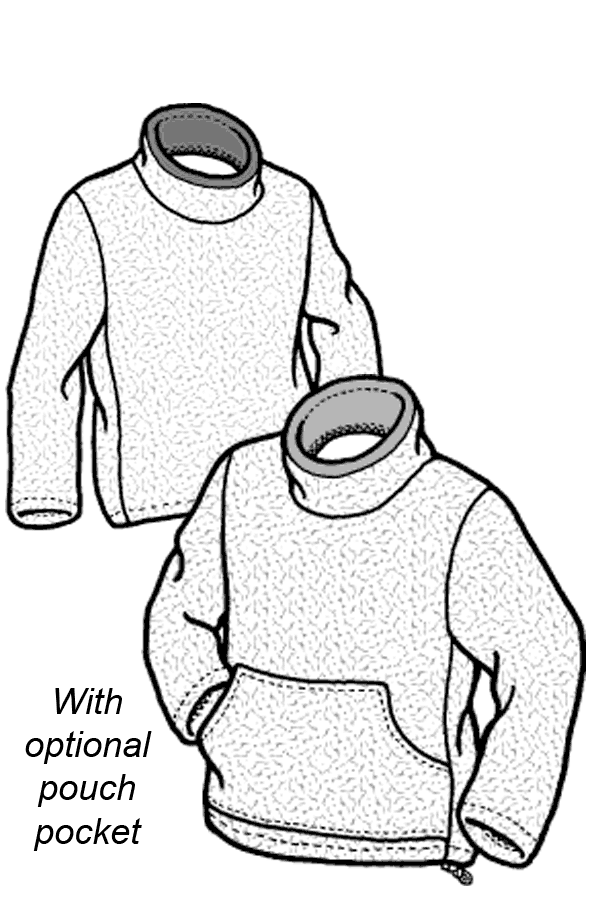 Pen and ink drawing of two polar sweaters with mock turtle necks.  One has a front pocket