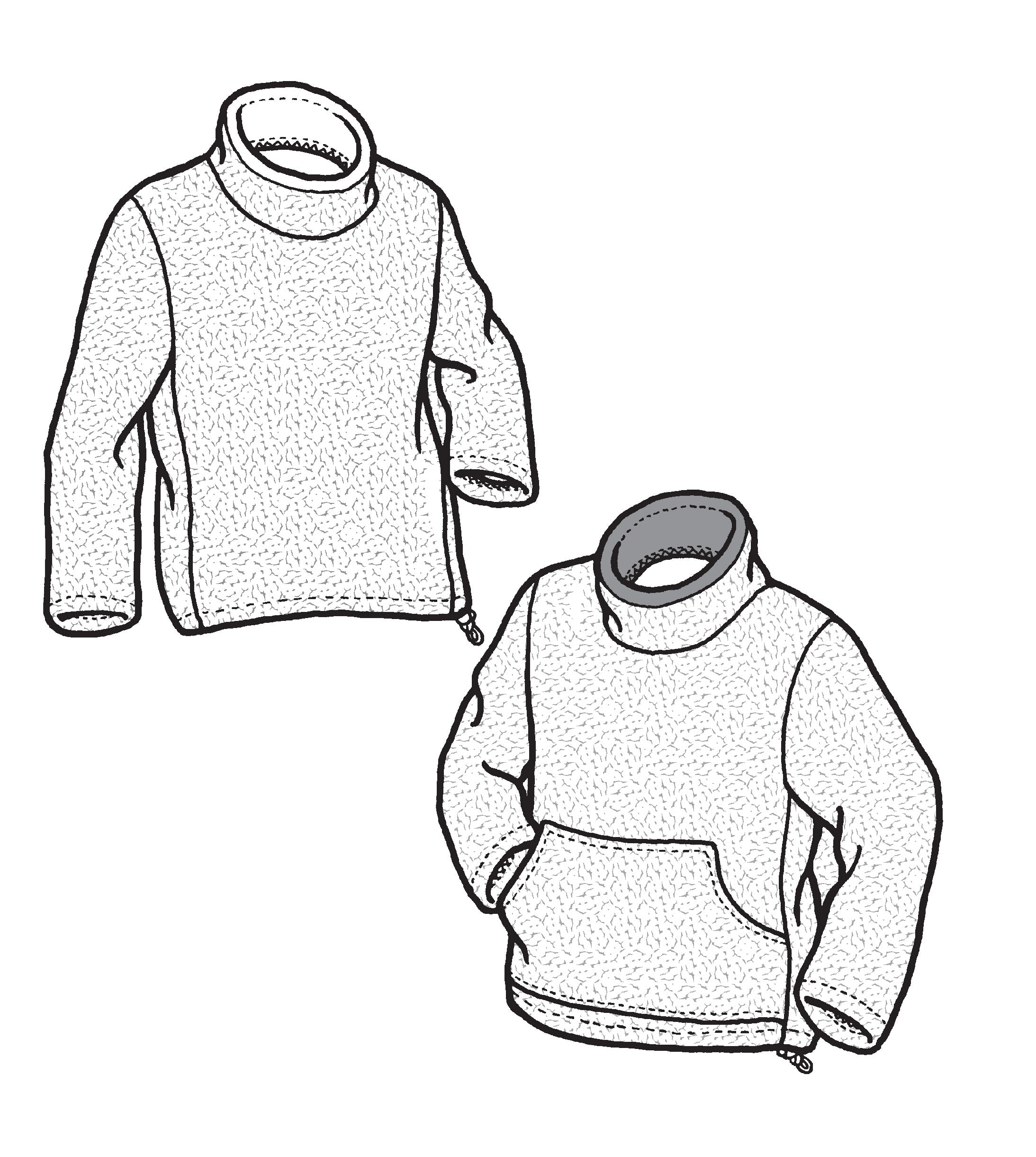Pen and ink drawing of two polar sweaters with mock turtle necks.  One has a front pocket