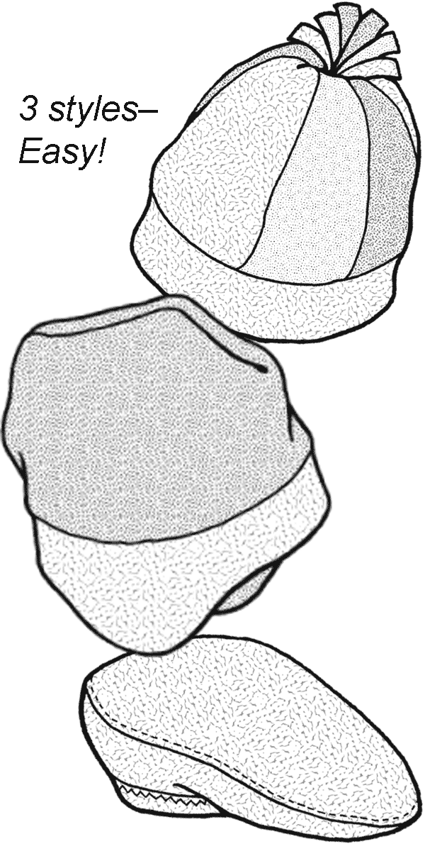 pen and ink drawing of three hats - two beanies and one beret.