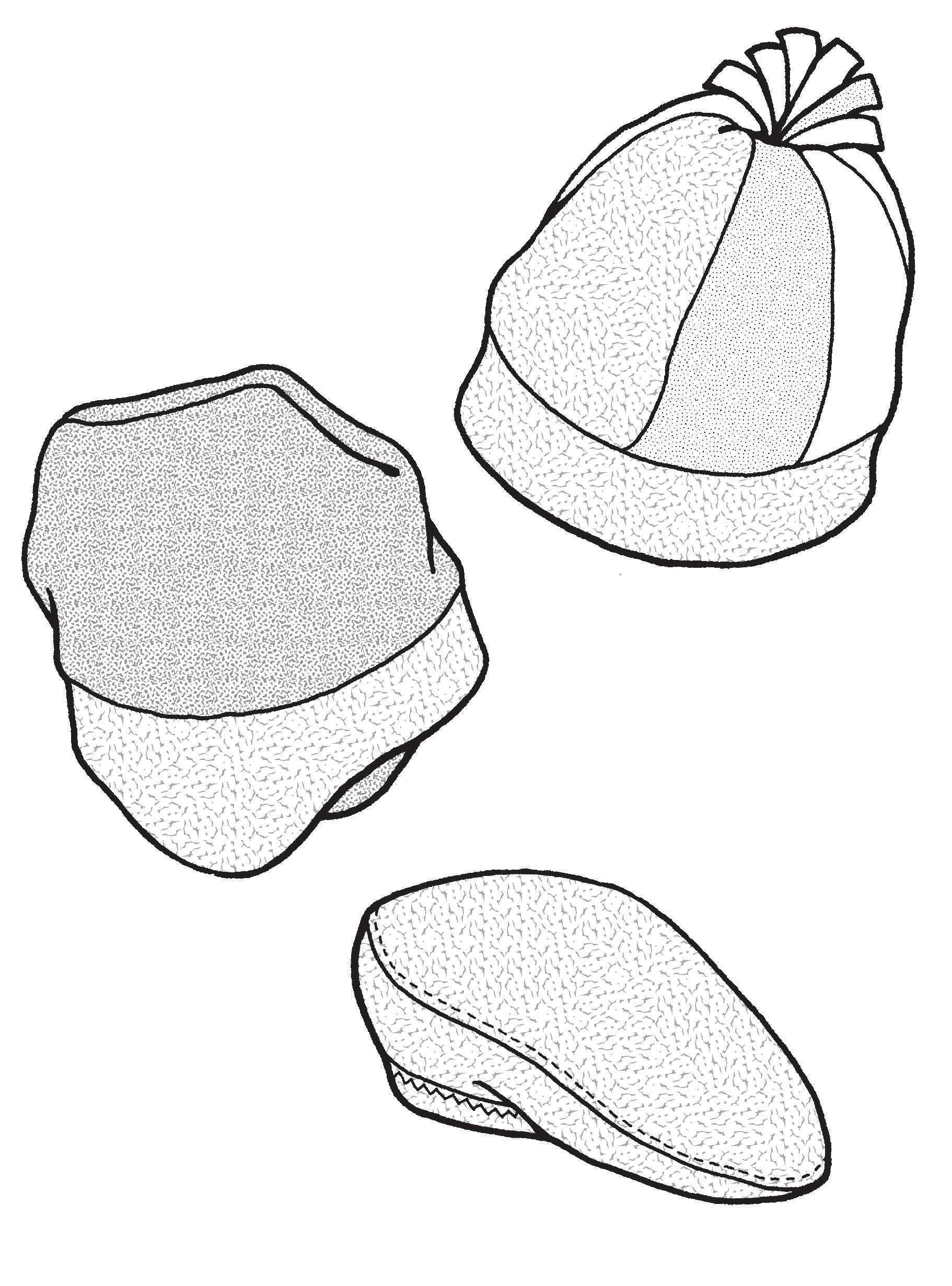 pen and ink drawing of three hats - two beanies and one beret.