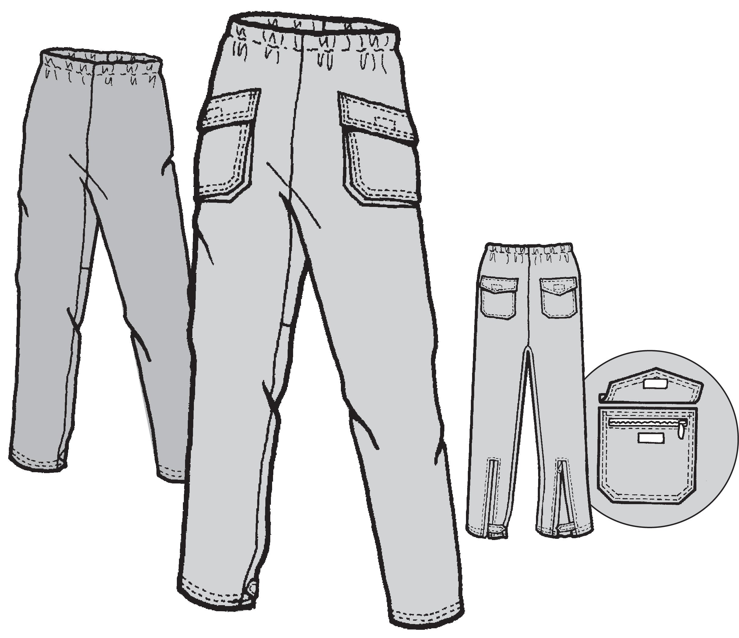 pen and ink drawing of 3 views of cargo pants with a close up of a back pocket.