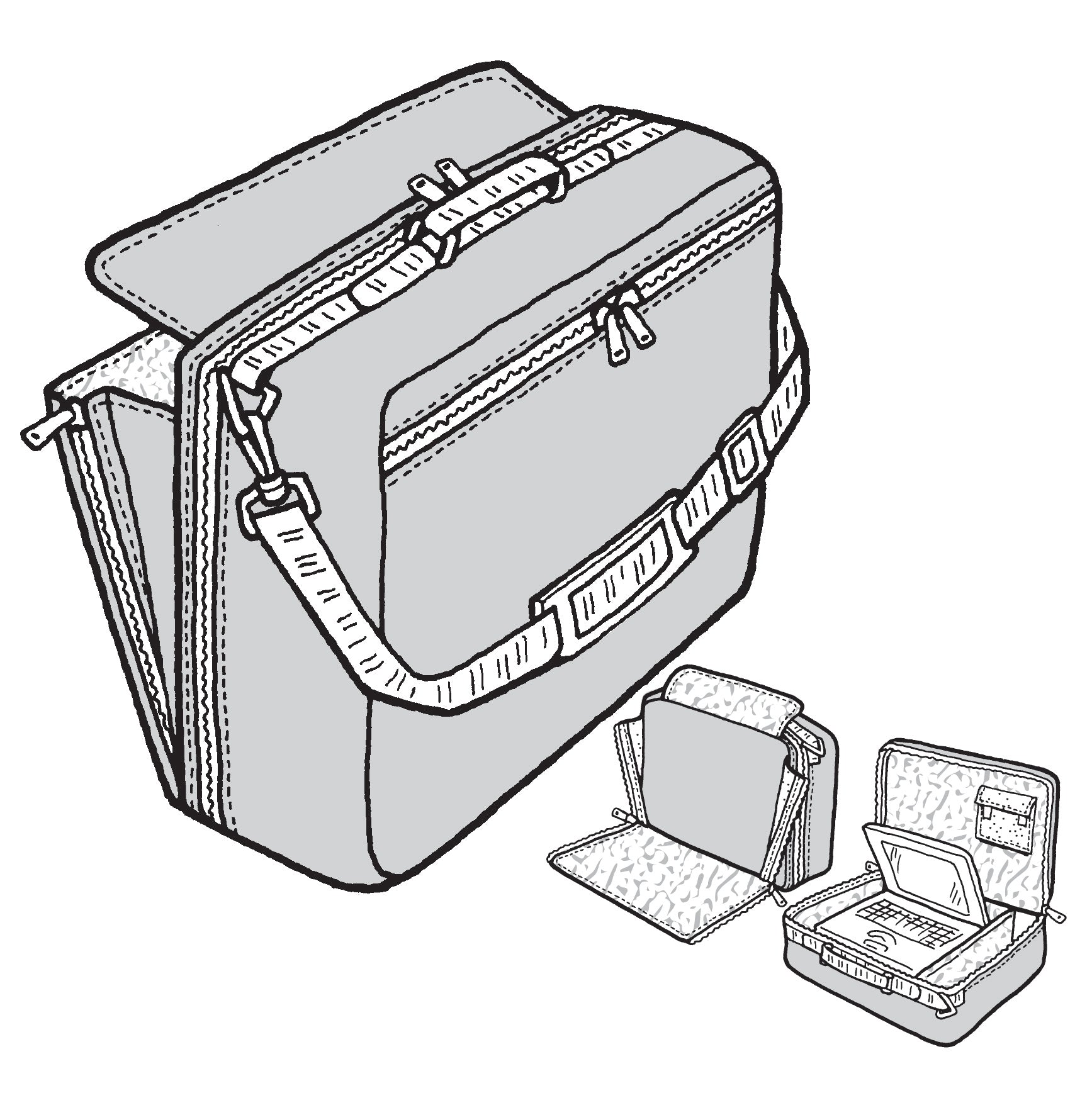 Illustration of a travel bag with open compartments on a white background