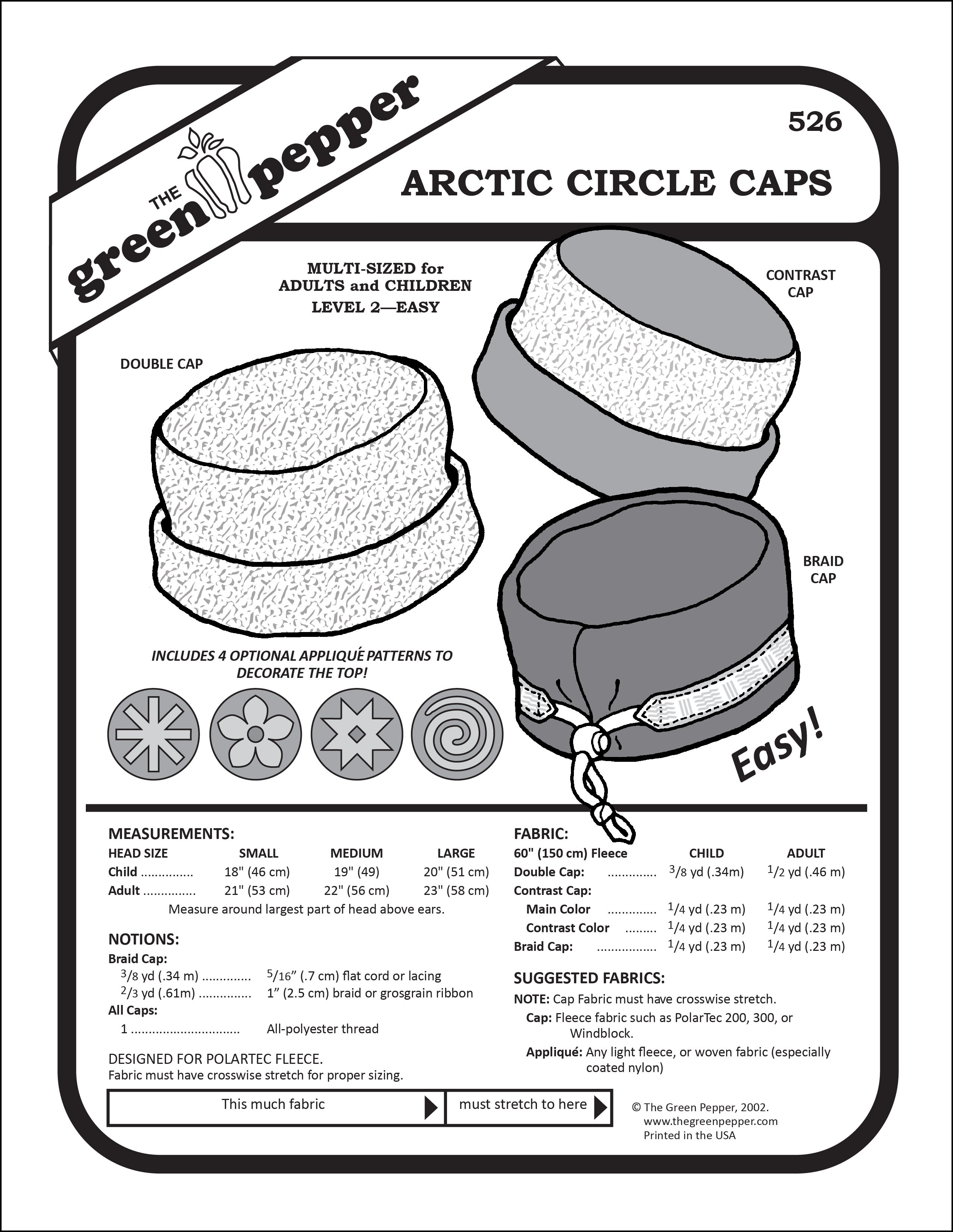Arctic Circle Caps sewing pattern cover with measurements on a white background