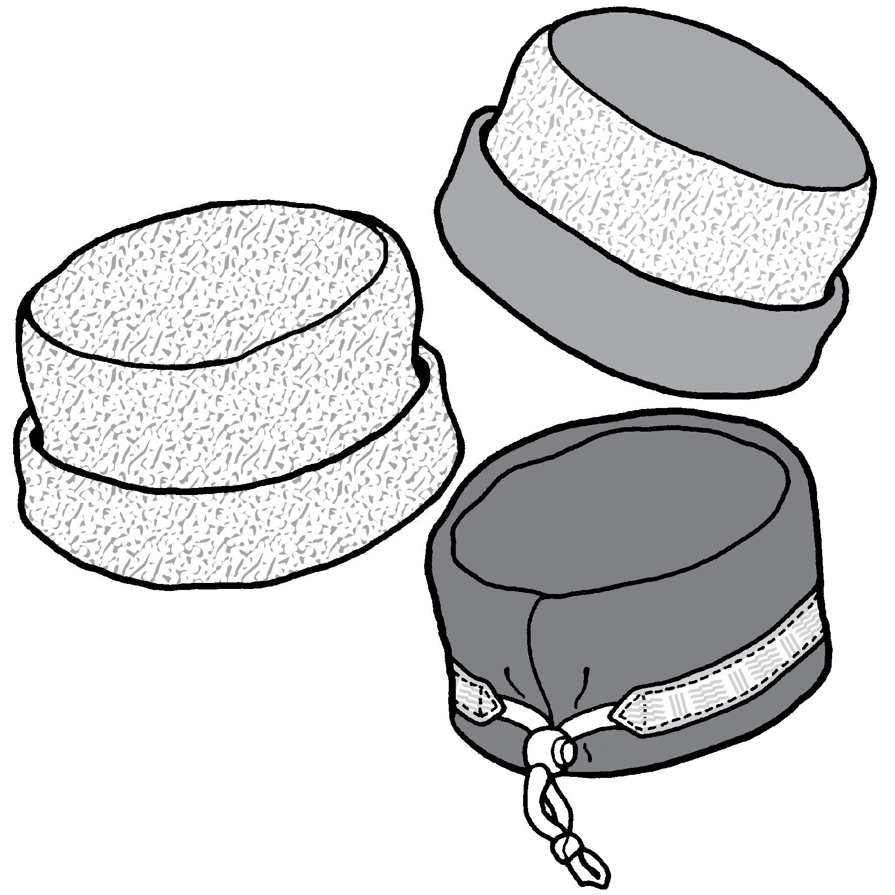 Illustration of three gray hats with varying designs on a white background