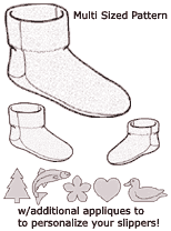 pen and ink drawing of three slippers with motifs (duck, tree, fish, flower, heart) for applique