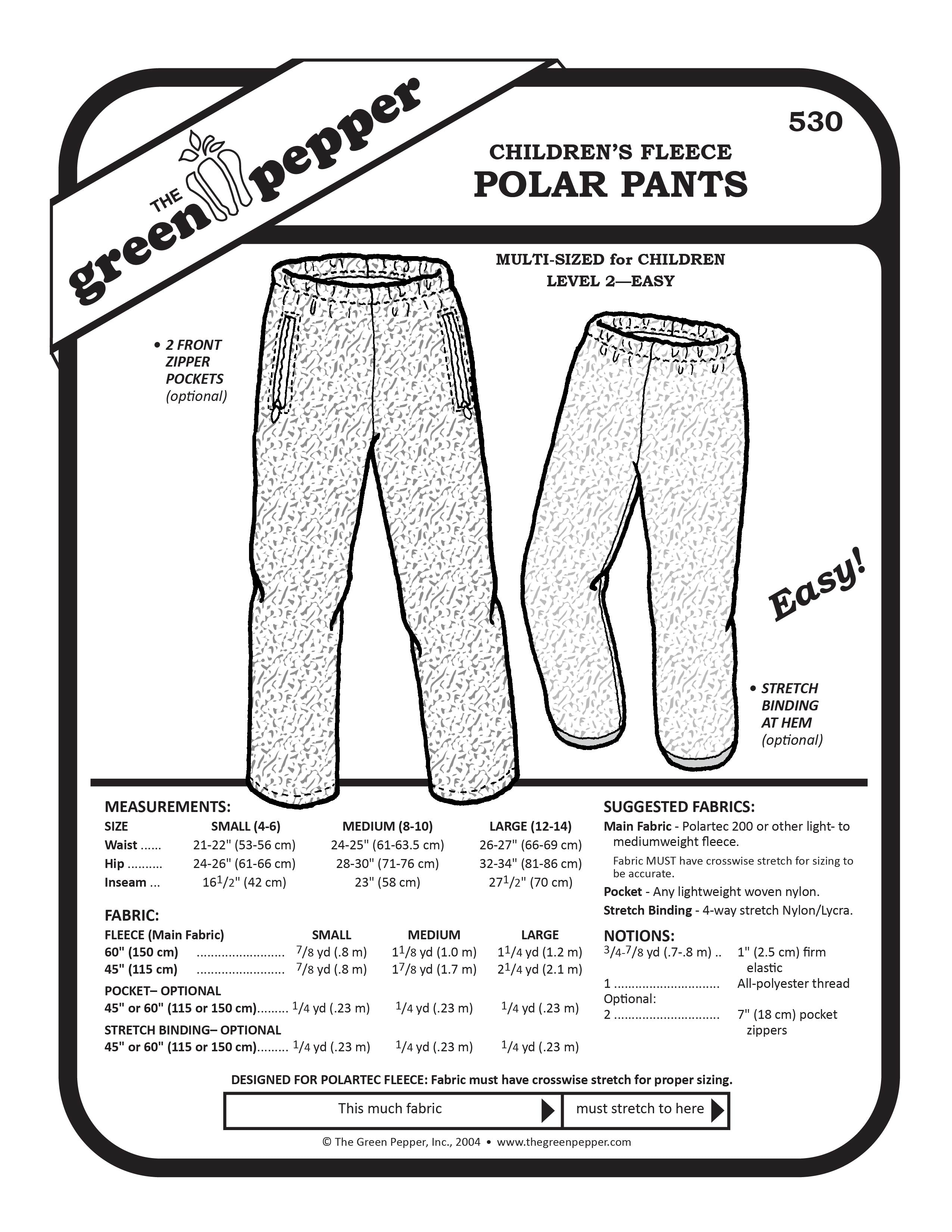 Image of front of sewing pattern cover for 530 Children's Fleece Polar Pants 