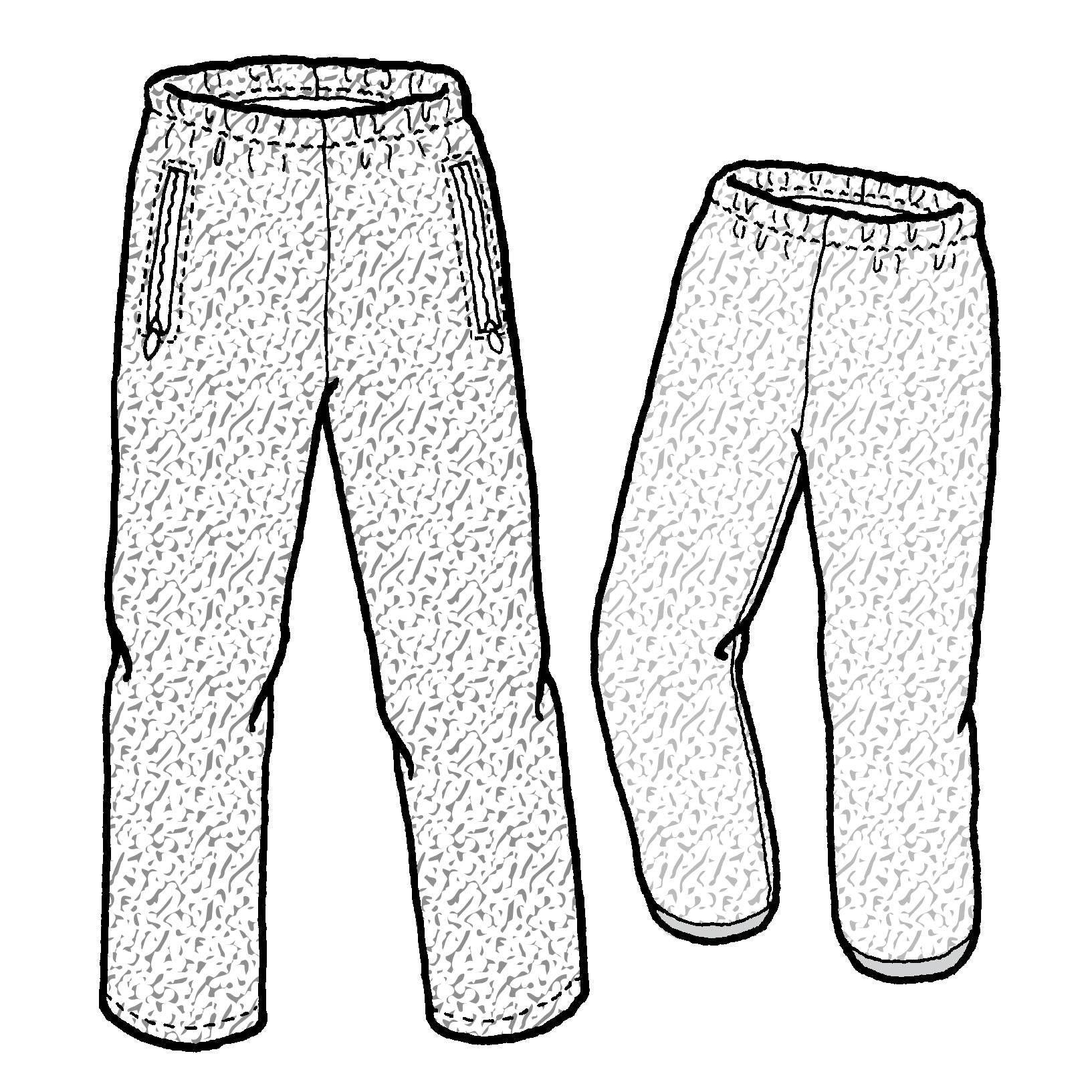 Line drawing of 530 Polar Pants for kids with two pants - one with hemmed cuff and one with bound cuff