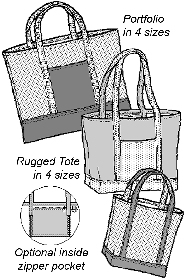 pen and ink drawing of three tote bags