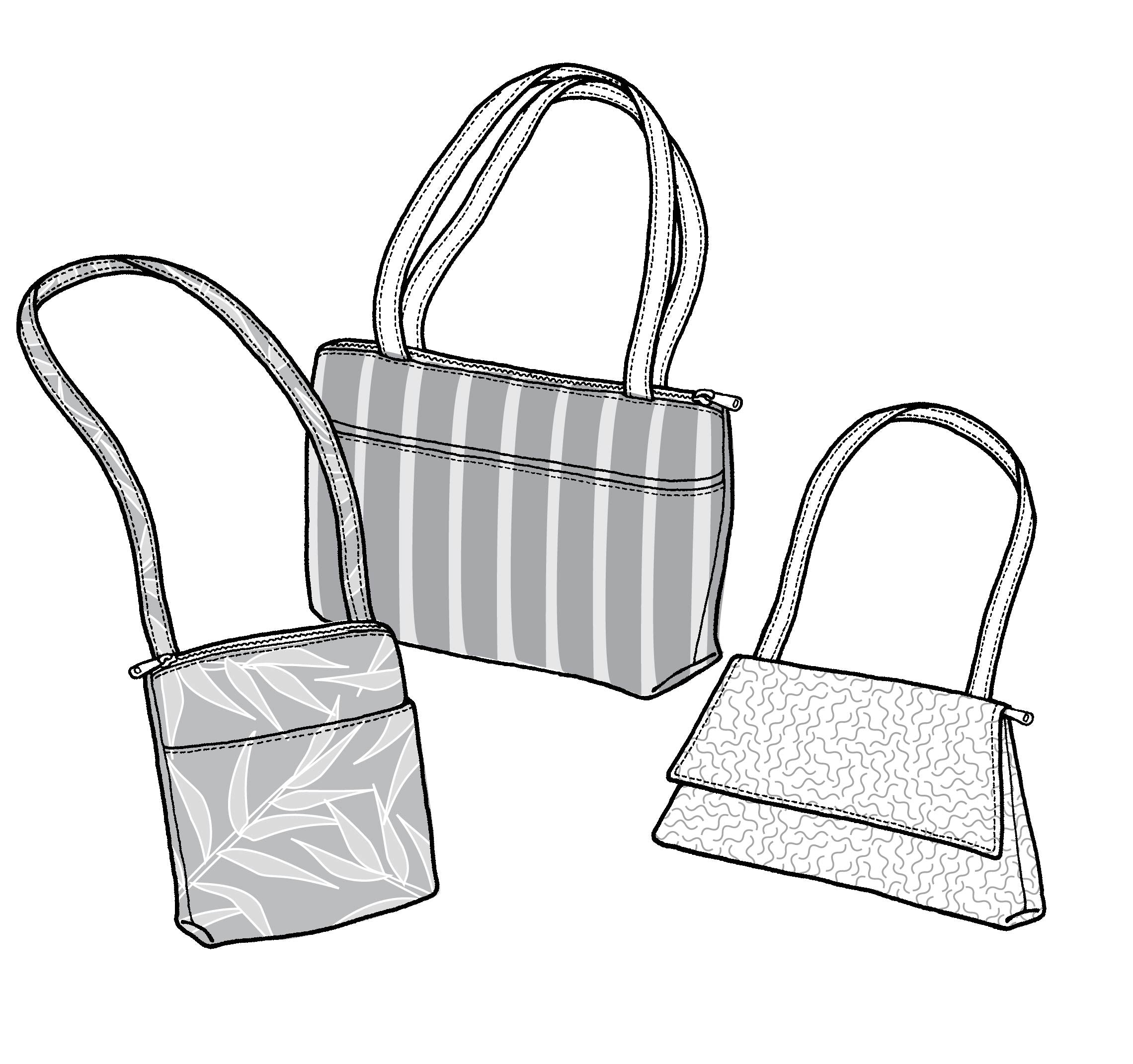 Black and white line drawing of a handbag with two smaller pouches on a white background